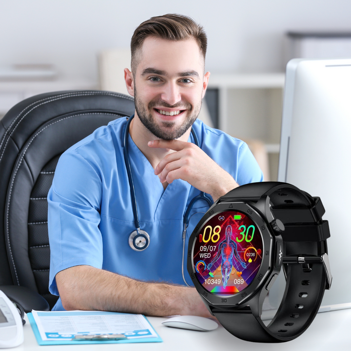 "Elegante Smartwatch mit SOS, Blutzuckermessung, wasserdicht, verstellbaren Riemen, 1.43'' HD Display, langer Akkulaufzeit."