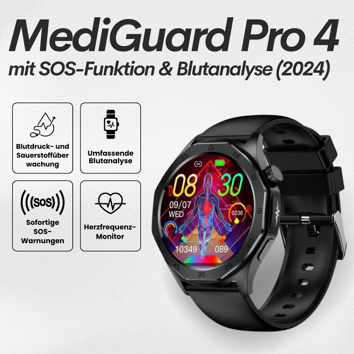 "Elegante Smartwatch mit SOS, Blutzuckermessung, wasserdicht, verstellbaren Riemen, 1.43'' HD Display, langer Akkulaufzeit."