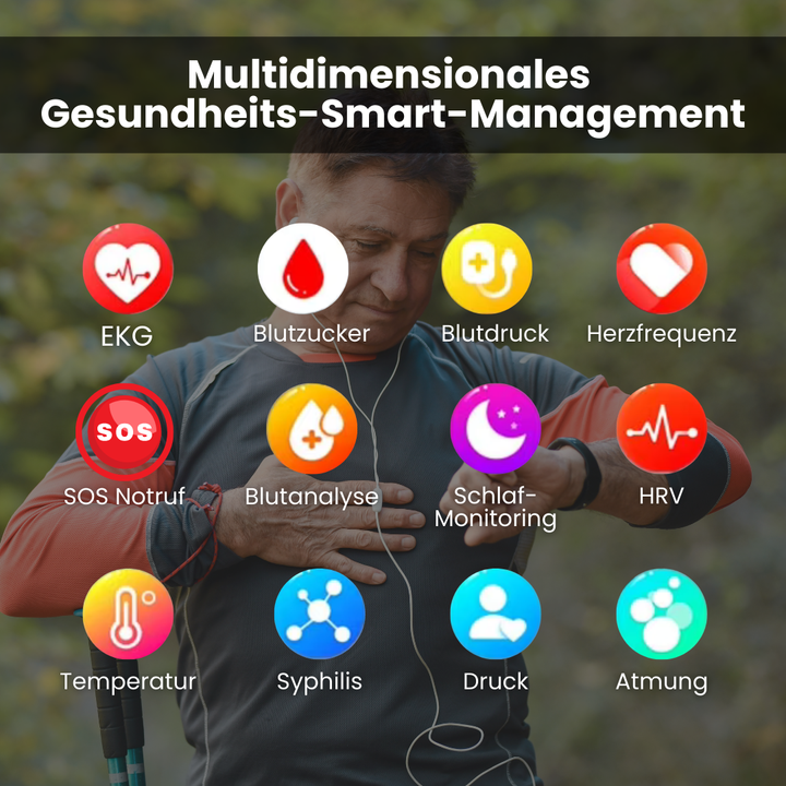 "Elegante Smartwatch mit SOS, Blutzuckermessung, wasserdicht, verstellbaren Riemen, 1.43'' HD Display, langer Akkulaufzeit."