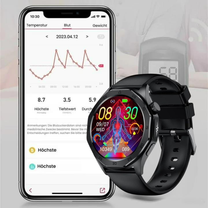 "Elegante Smartwatch mit SOS, Blutzuckermessung, wasserdicht, verstellbaren Riemen, 1.43'' HD Display, langer Akkulaufzeit."