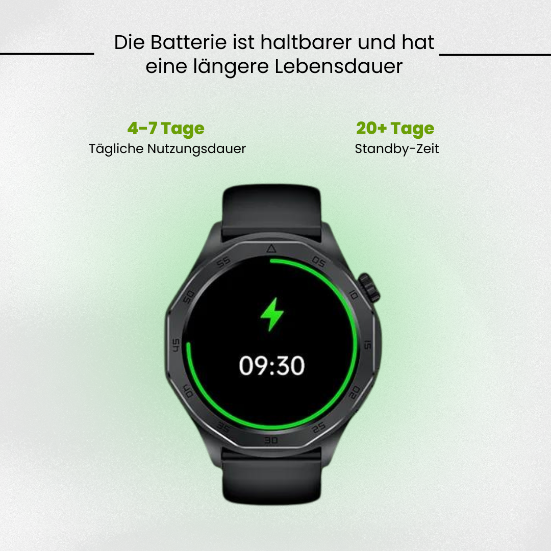 "Elegante Smartwatch mit SOS, Blutzuckermessung, wasserdicht, verstellbaren Riemen, 1.43'' HD Display, langer Akkulaufzeit."
