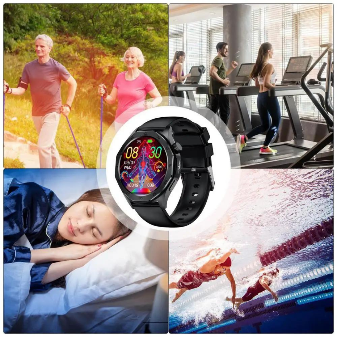 "Elegante Smartwatch mit SOS, Blutzuckermessung, wasserdicht, verstellbaren Riemen, 1.43'' HD Display, langer Akkulaufzeit."