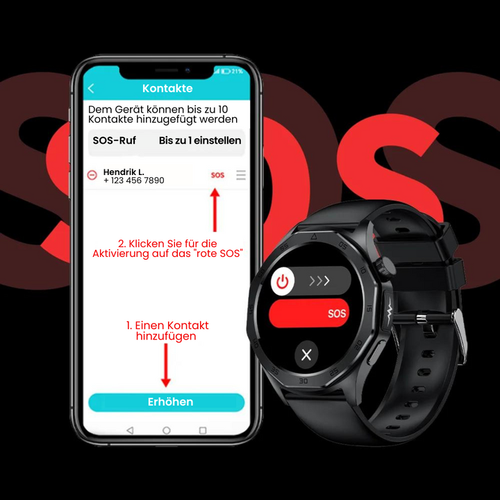 "Elegante Smartwatch mit SOS, Blutzuckermessung, wasserdicht, verstellbaren Riemen, 1.43'' HD Display, langer Akkulaufzeit."