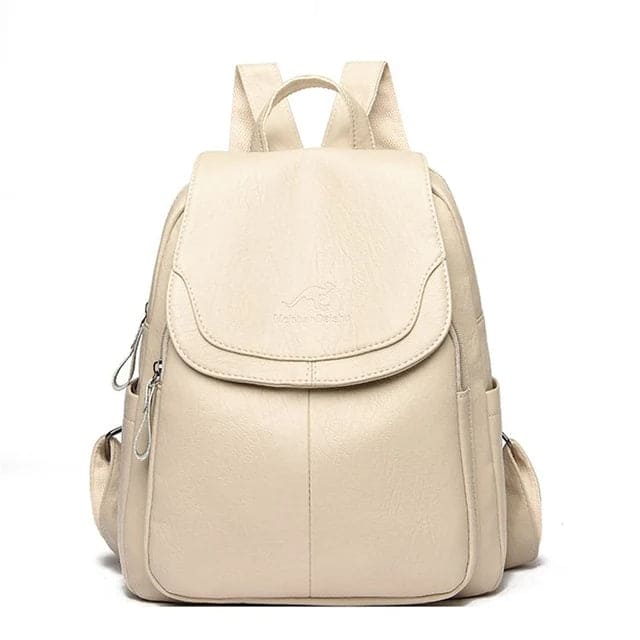 "Eleganter, diebstahlsicherer Lederrucksack für Damen, beige, mit versteckten Reißverschlüssen, zeitloses Design, vielseitig.