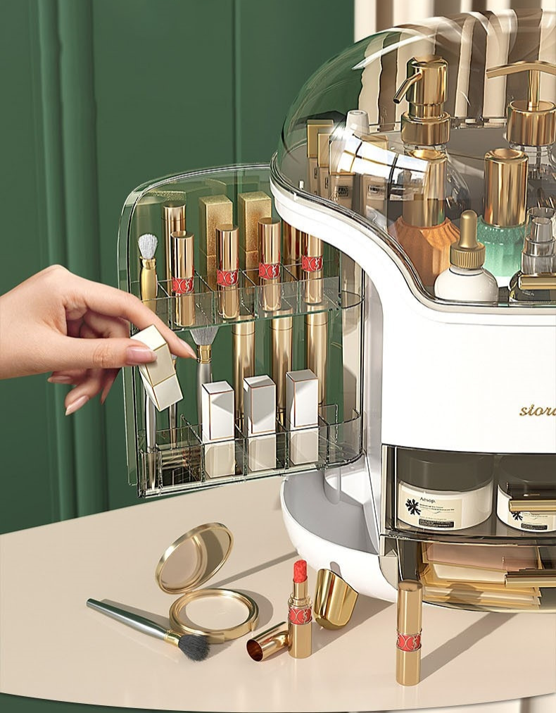 Eleganter Make-up Organizer aus transparentem Kunststoff, staub- und wasserdicht, für Schminktisch, 25x15x10 cm.