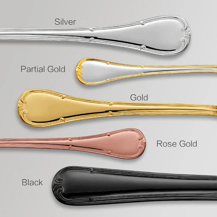 "Elegantes Besteckset aus Edelstahl mit glattem Design, abgerundeten Griffen. Perfekt für stilvolles Essen und Dekoration."