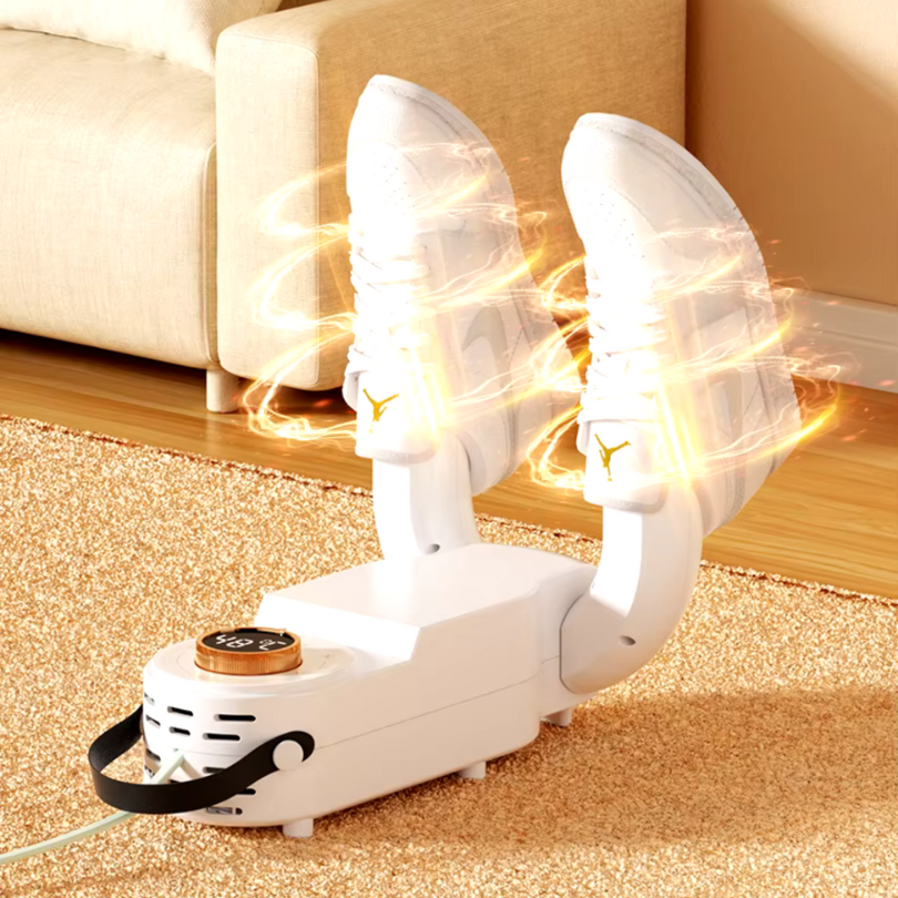 Elektrischer Schuhtrockner in Weiß, seitliche Ansicht, kompakt, effizient gegen Feuchtigkeit, ideal für alle Schuhtypen.