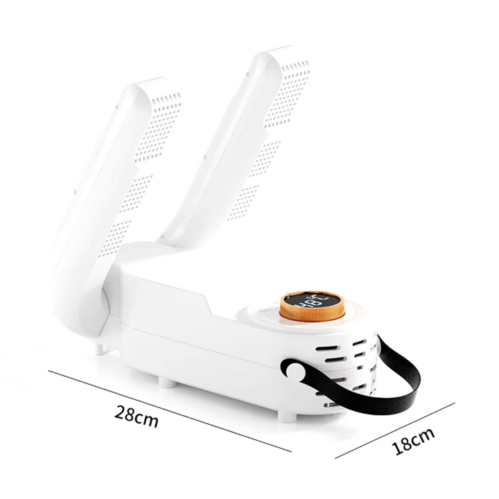 Elektrischer Schuhtrockner in Weiß, seitliche Ansicht, kompakt, effizient gegen Feuchtigkeit, ideal für alle Schuhtypen.