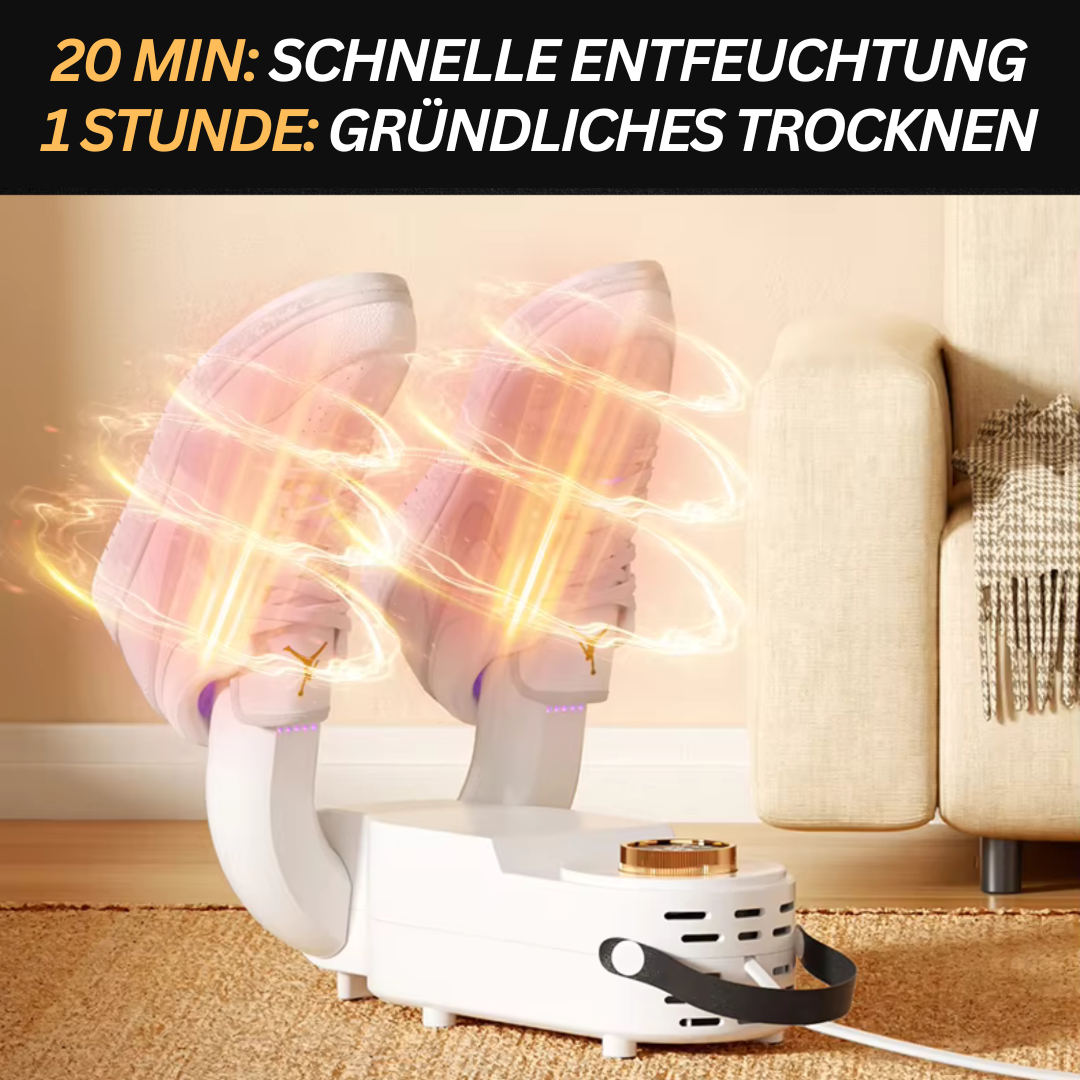 Elektrischer Schuhtrockner in Weiß, seitliche Ansicht, kompakt, effizient gegen Feuchtigkeit, ideal für alle Schuhtypen.