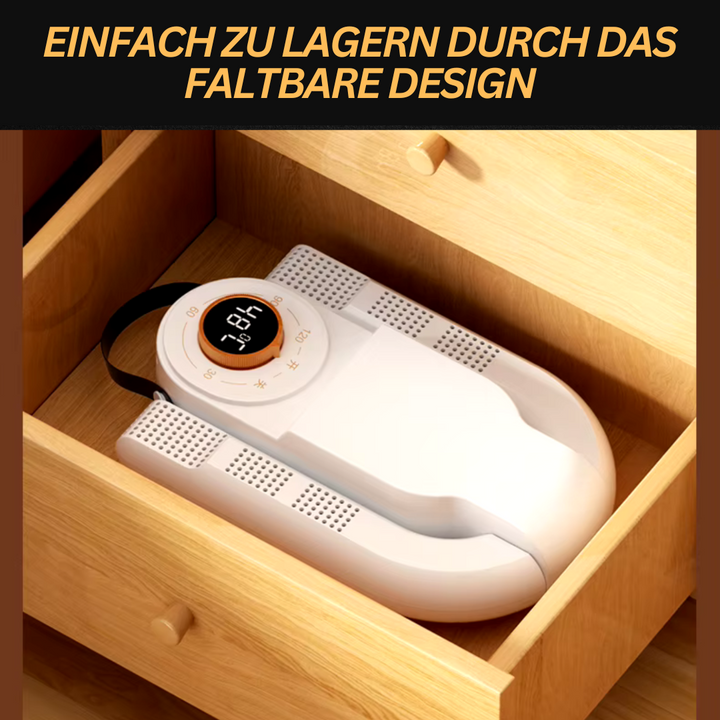 Elektrischer Schuhtrockner in Weiß, seitliche Ansicht, kompakt, effizient gegen Feuchtigkeit, ideal für alle Schuhtypen.