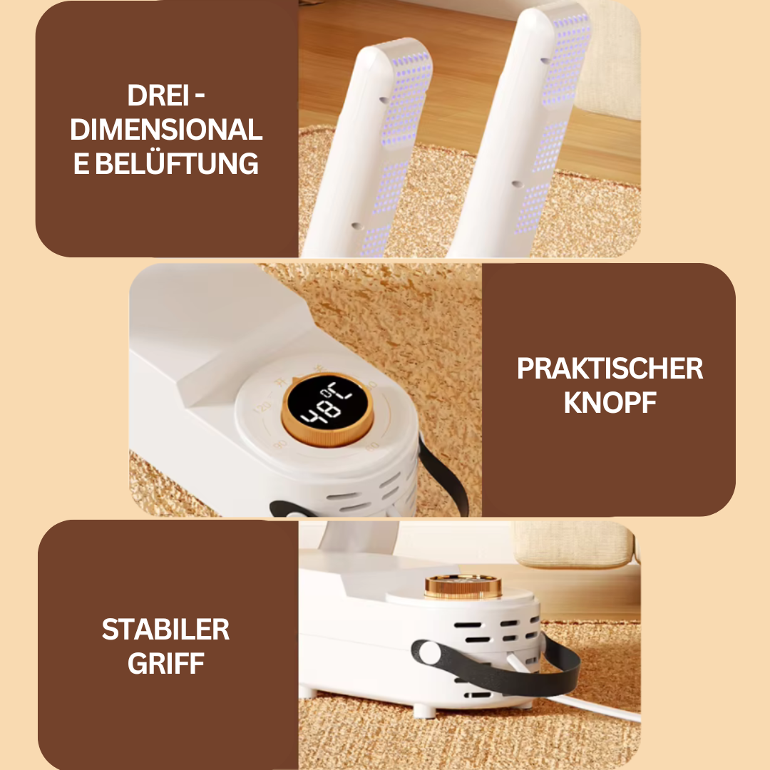 Elektrischer Schuhtrockner in Weiß, seitliche Ansicht, kompakt, effizient gegen Feuchtigkeit, ideal für alle Schuhtypen.