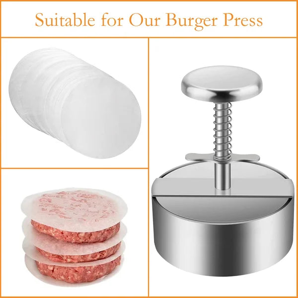 "Ergonomische Hamburgerpresse aus Edelstahl, antihaftbeschichtet für perfekte, gleichmäßige Burger, simple Anwendung."