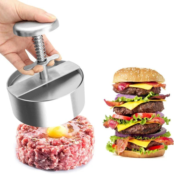 "Ergonomische Hamburgerpresse aus Edelstahl, antihaftbeschichtet für perfekte, gleichmäßige Burger, simple Anwendung."