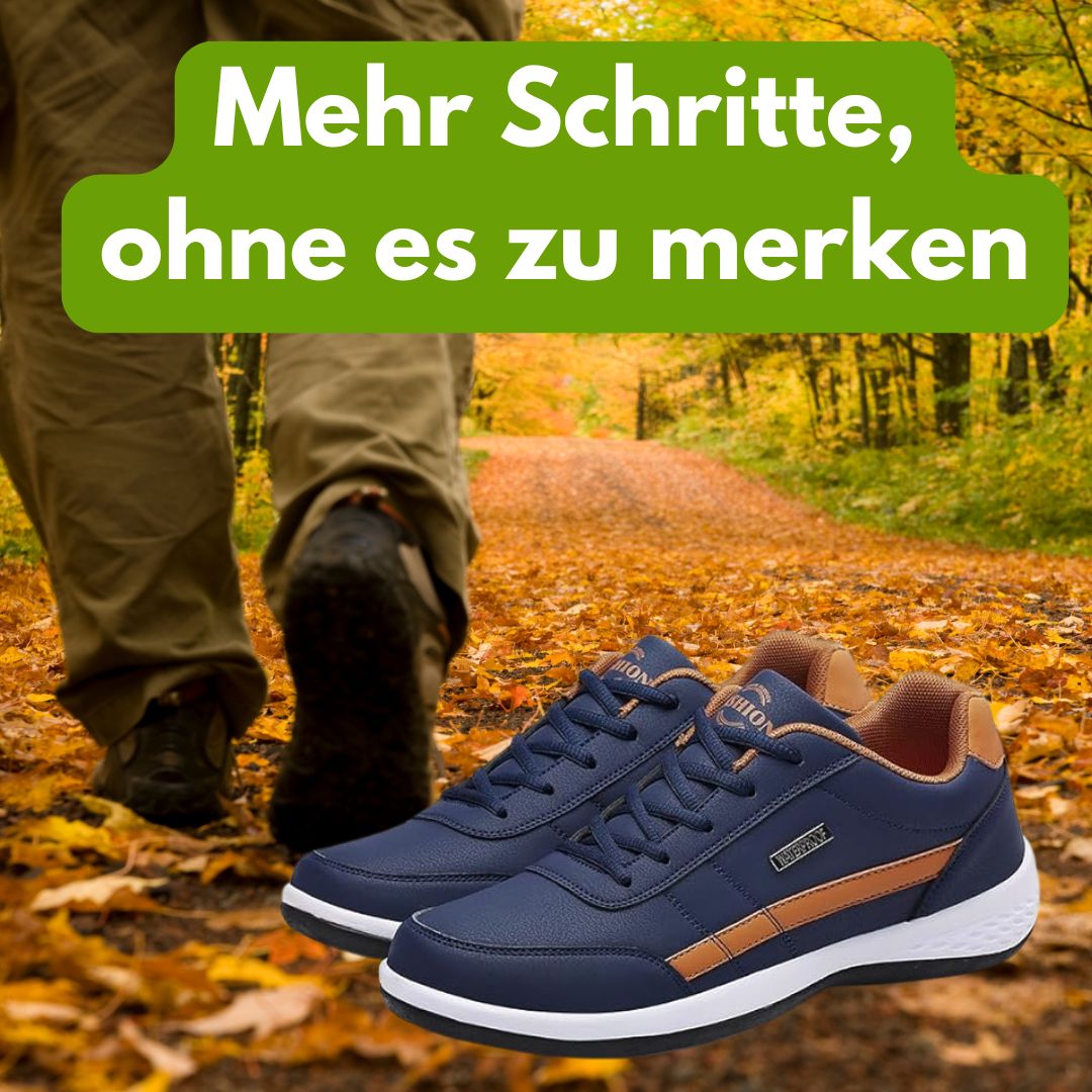 Ergonomische Komfortschuhe, blaue Akzente, atmungsaktives Material, breite Zehenpartie, ideal für Bewegung und Alltag.