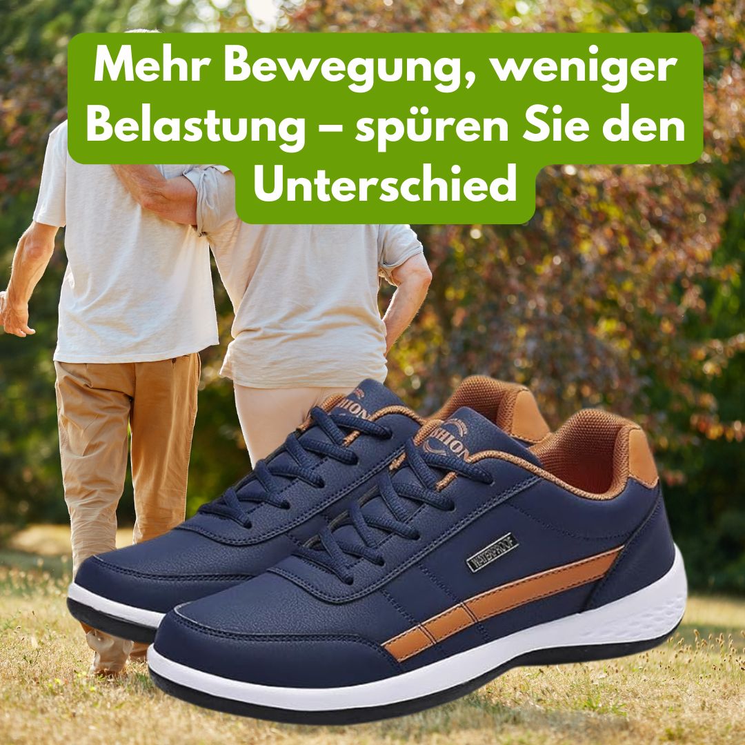 Ergonomische Komfortschuhe, blaue Akzente, atmungsaktives Material, breite Zehenpartie, ideal für Bewegung und Alltag.