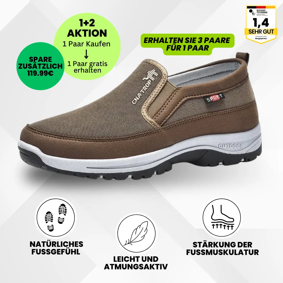 "Ergonomische Komfortschuhe mit orthopädischer Sohle, braun, atmungsaktives Design, ideal zum schmerzfreien Wandern."