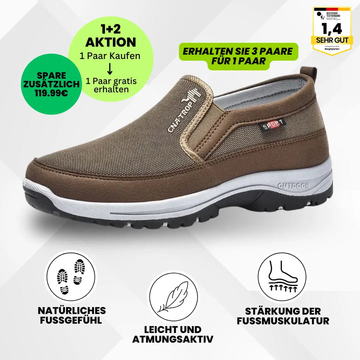 "Ergonomische Komfortschuhe mit orthopädischer Sohle, braun, atmungsaktives Design, ideal zum schmerzfreien Wandern."