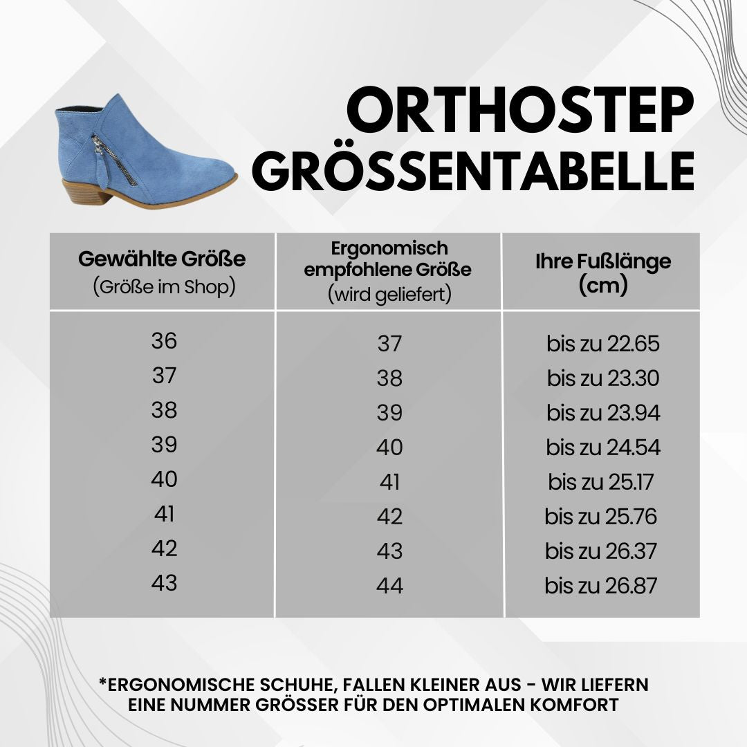 Ergonomische Stiefeletten mit Schmerzreduktion, breite Zehenbox, stylisches Design, in Beige, Blau, Orange, Schwarz.