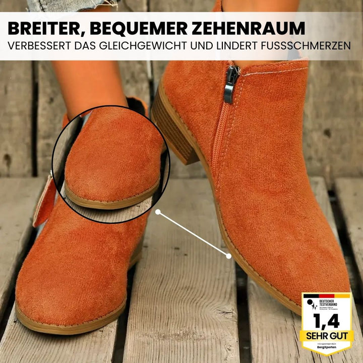 Ergonomische Stiefeletten mit Schmerzreduktion, breite Zehenbox, stylisches Design, in Beige, Blau, Orange, Schwarz.