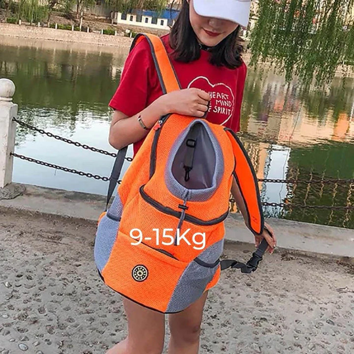 Ergonomischer Hundetransportrucksack mit Hund, atmungsaktivem Mesh, verstellbaren Trägern und integriertem Sicherheitsgurt.