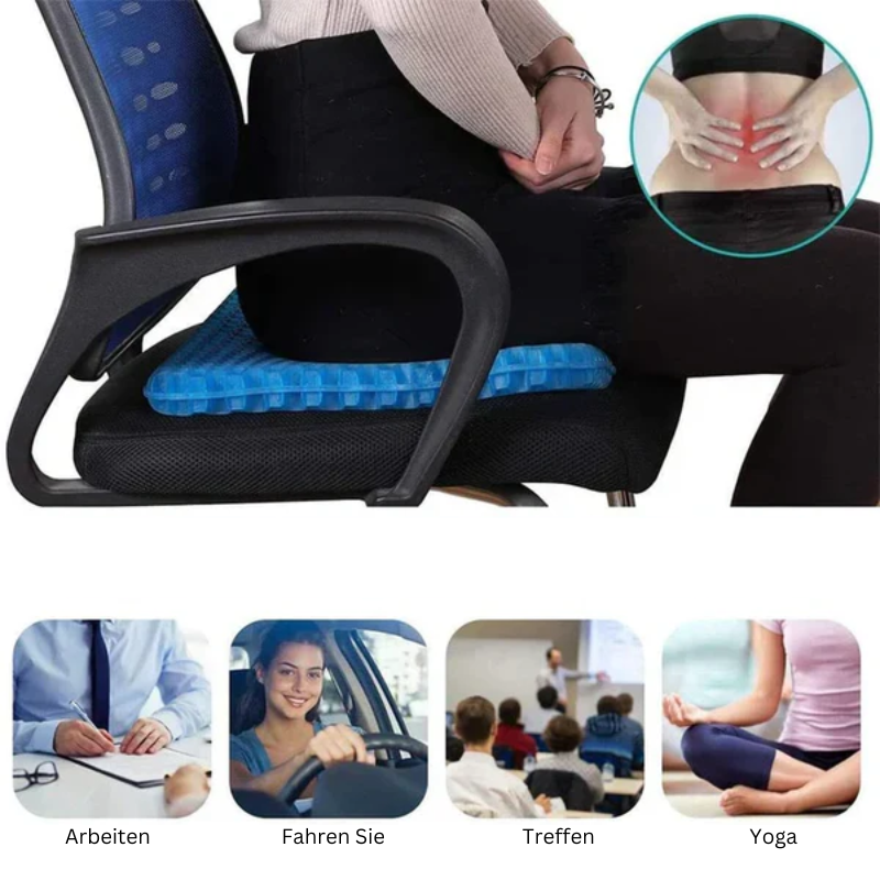 Ergonomisches Gel-Sitzkissen mit rutschfester Unterseite, atmungsaktivem Material, ideal für Büro- und Autositze.