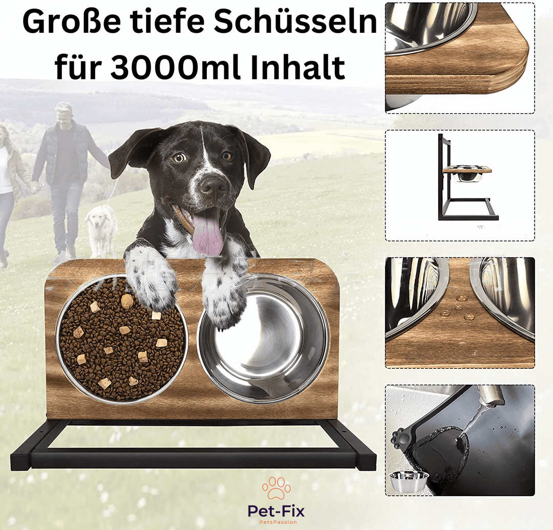 "Erhöhte Hunde-Futterstation aus Holz & Metall, stilvoll & funktional, mit Edelstahlschalen, perfekte Lösung für große Hunde.