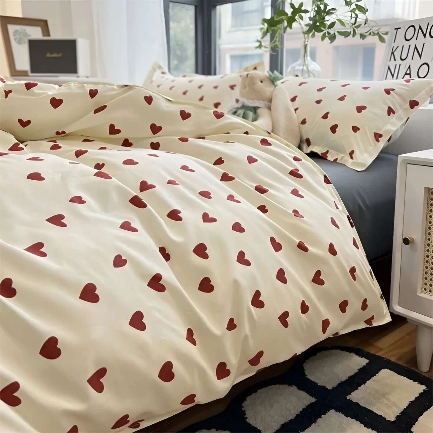 Parure de lit en coton motif cœur, blanc