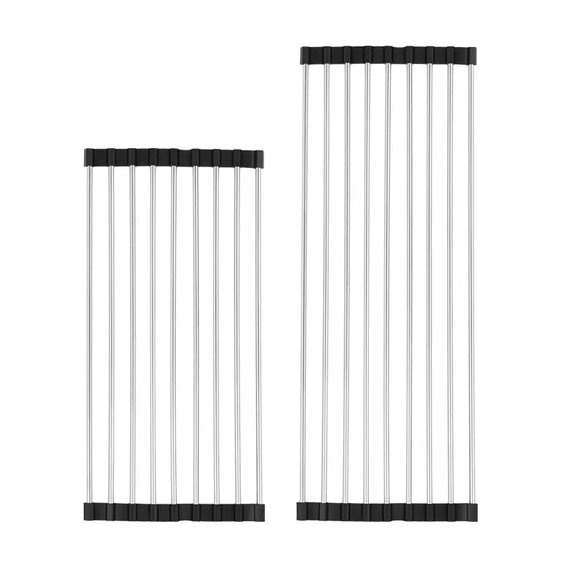 Faltbares Edelstahl-Abtropfgestell; modernes, platzsparendes Design; ideal für kompakte Küchen.