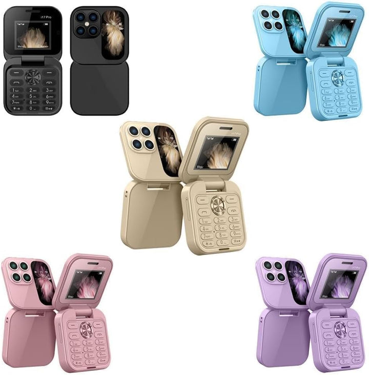 "Faltbares Mini-Handy mit Klappdesign, dualer SIM-Nutzung und LED-Taschenlampe in elegantem Schwarz."