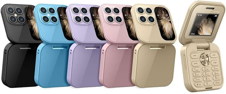 "Faltbares Mini-Handy mit Klappdesign, dualer SIM-Nutzung und LED-Taschenlampe in elegantem Schwarz."