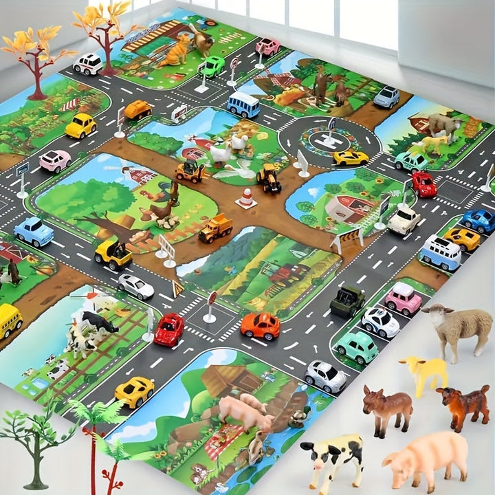 "Farbenfroher DuoPlay Kinder Spielteppich: Bauernhof & Verkehr, 130x100 cm, ideal für fantasievolles Spiel, maschinenwaschbar