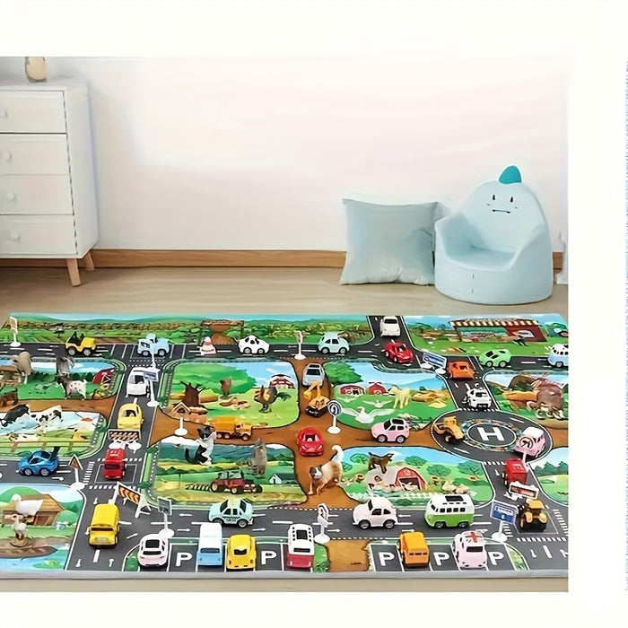 "Farbenfroher DuoPlay Kinder Spielteppich: Bauernhof & Verkehr, 130x100 cm, ideal für fantasievolles Spiel, maschinenwaschbar