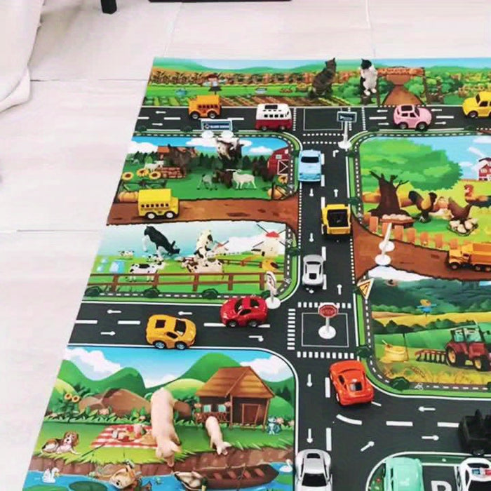 "Farbenfroher DuoPlay Kinder Spielteppich: Bauernhof & Verkehr, 130x100 cm, ideal für fantasievolles Spiel, maschinenwaschbar