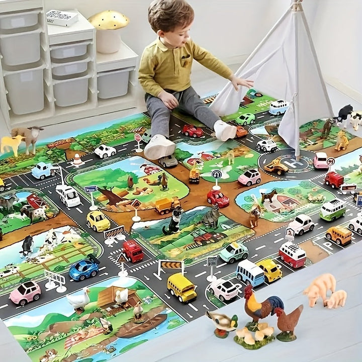 "Farbenfroher DuoPlay Kinder Spielteppich: Bauernhof & Verkehr, 130x100 cm, ideal für fantasievolles Spiel, maschinenwaschbar