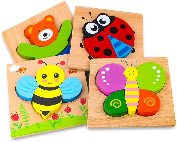 Farbenfrohes Montessori-Tierpuzzle aus Holz mit liebevollen Tiermotiven fördern Feinmotorik bei Kindern ab 2 Jahren.