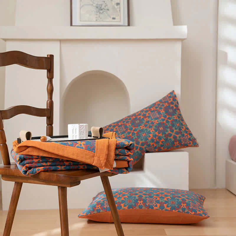 Couverture en coton 6 couches de haute qualité, orange-bleu