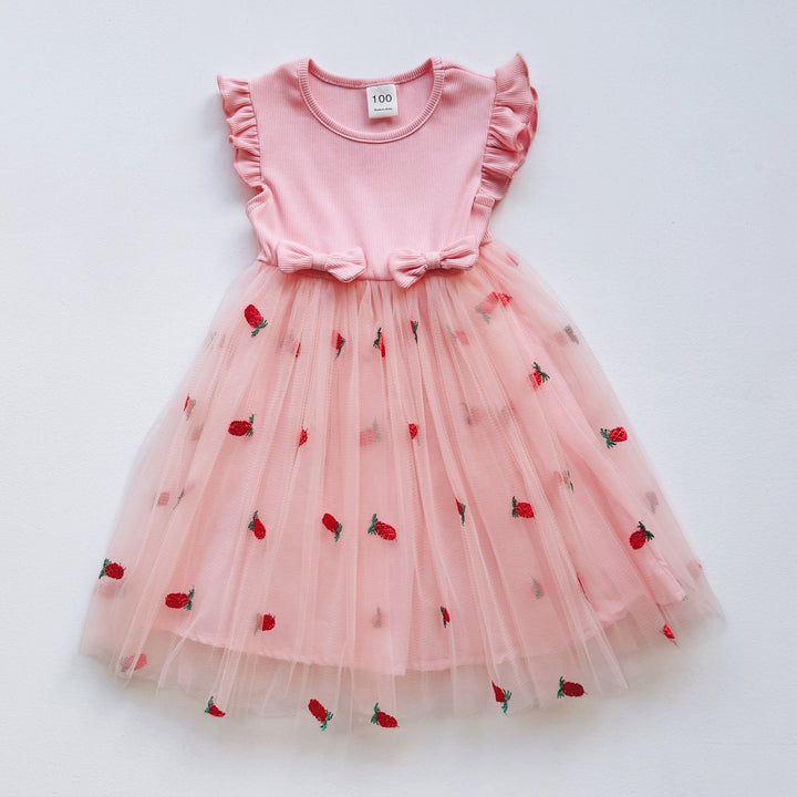 Festliches Tüllkleid für Mädchen mit besticktem Blumenmuster und Rüschen, ideal für Partys oder Hochzeiten.