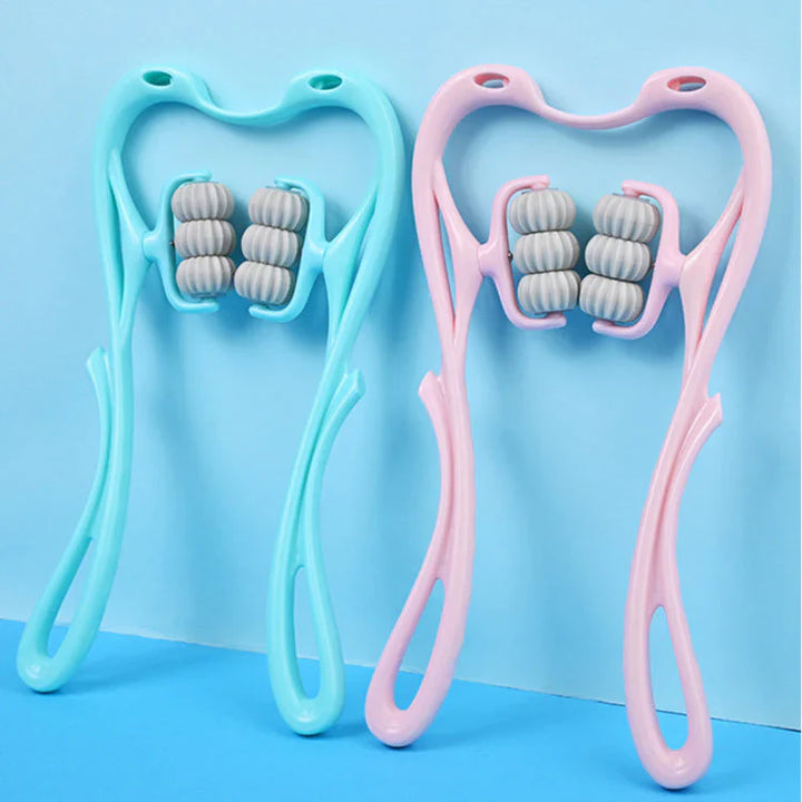 "FlexiRoll Nacken- und Schultermassager mit 6 Silikonrollen, ergonomische Griffe, Entspannung mobil für zuhause oder Büro"