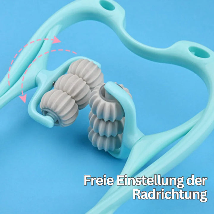 "FlexiRoll Nacken- und Schultermassager mit 6 Silikonrollen, ergonomische Griffe, Entspannung mobil für zuhause oder Büro"