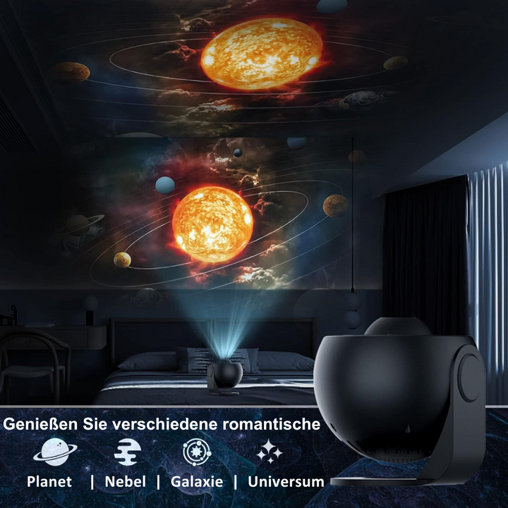 "GalaxySky Projektor mit HD Sternenhimmel, beleuchteter Raum mit leuchtenden Galaxiemustern, ideal für Entspannung zu Hause."