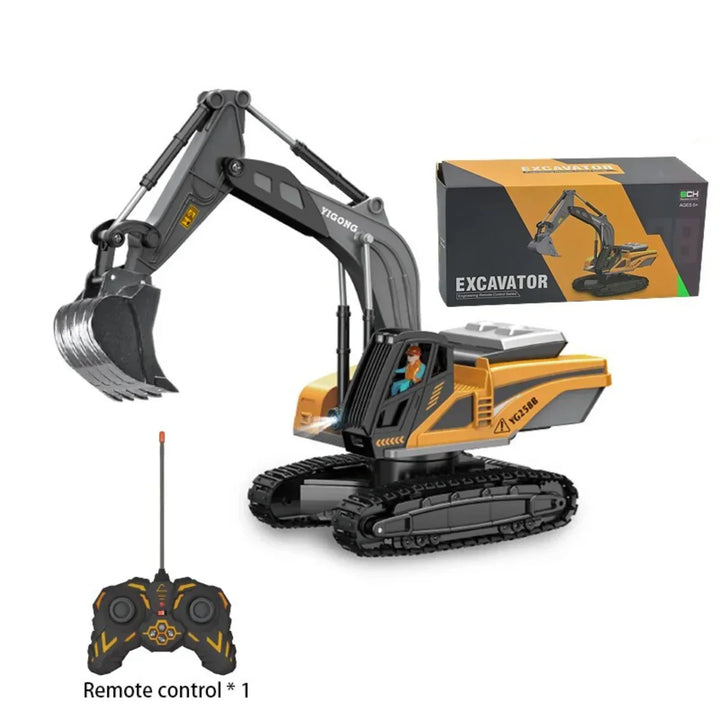 "Gelbes ferngesteuertes Baustellenfahrzeug für Kinder mit robuster Bauweise und einfacher Steuerung auf einem Spielteppich"