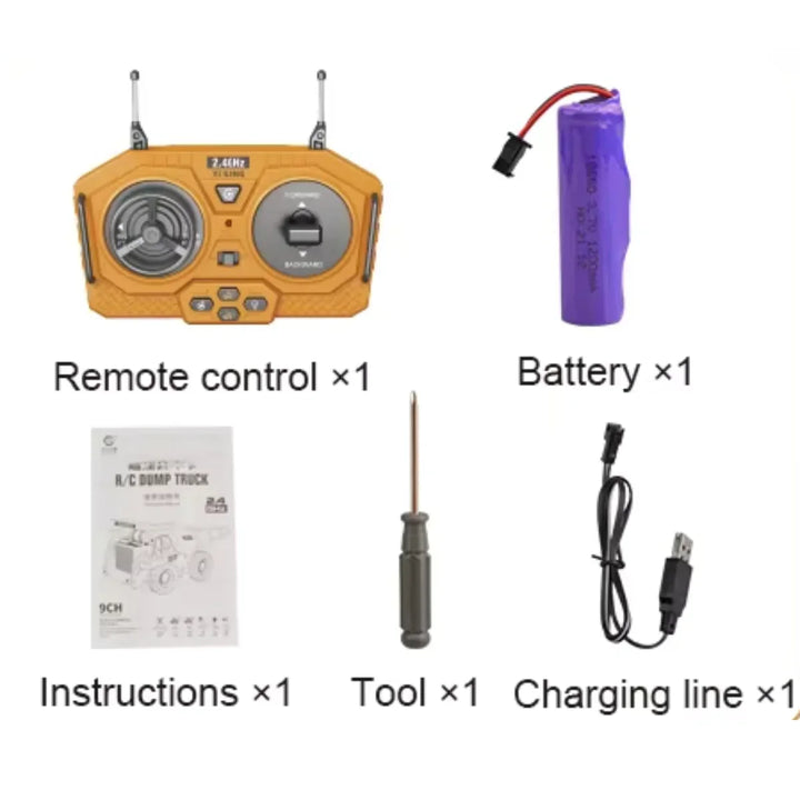 "Gelbes ferngesteuertes Baustellenfahrzeug für Kinder mit robuster Bauweise und einfacher Steuerung auf einem Spielteppich"
