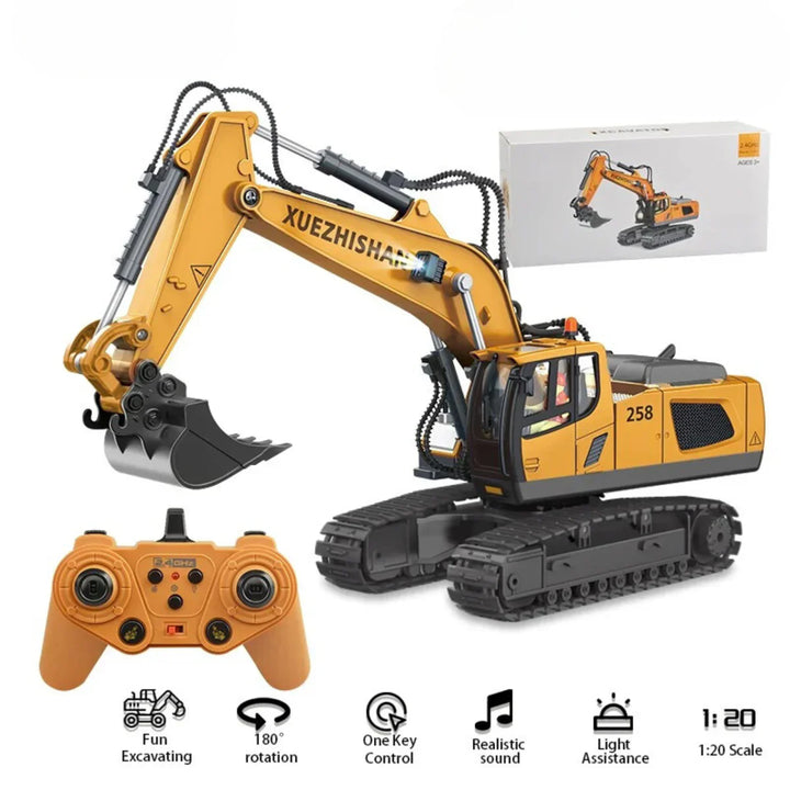 "Gelbes ferngesteuertes Baustellenfahrzeug für Kinder mit robuster Bauweise und einfacher Steuerung auf einem Spielteppich"