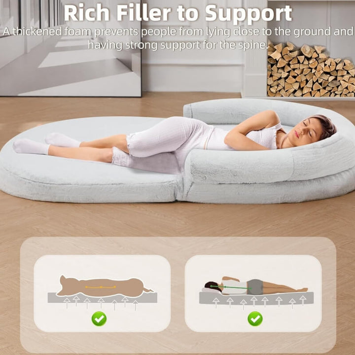 "Großes orthopädisches Mensch-Hund-Bett in flauschigem Beige mit weichen Nackenrollen für maximalen Komfort und Unterstützung