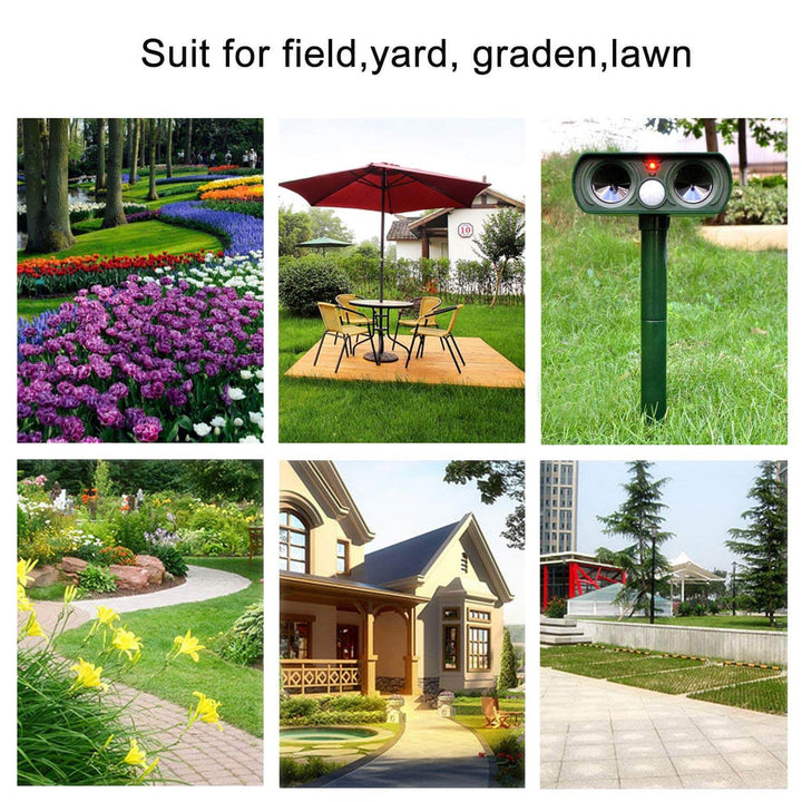 "Grüner solarbetriebener Tiervertreiber mit Ultraschall und Infrarotsensor, robustes Design für Gartenanwendung."