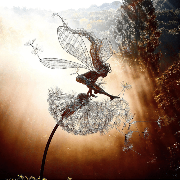 Handgefertigte, wetterfeste Metallfiguren für den Garten, kunstvoll gestaltet, ideal für fantasievolle Dekorationen.