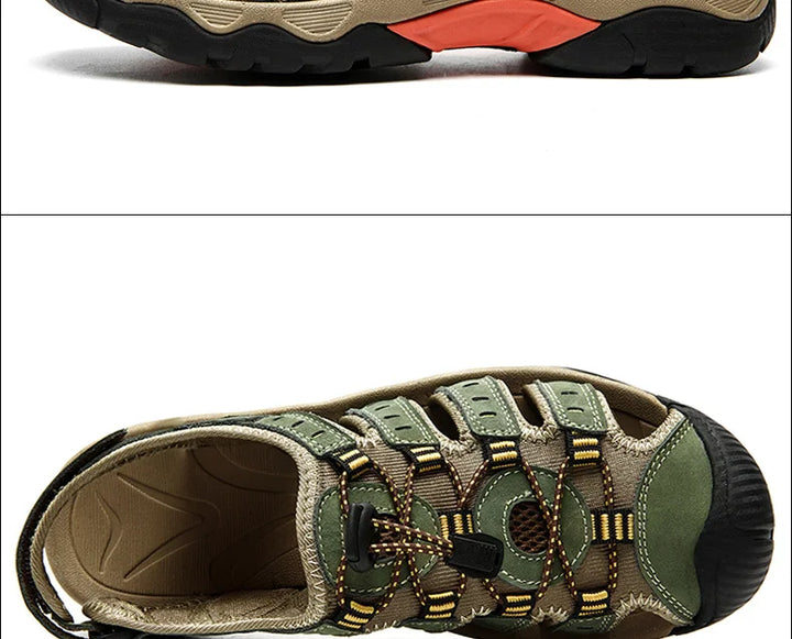 "Herren Outdoor Ledersandalen aus robustem Rindsleder, braun, mit elastischem Verschluss und rutschfester Gummisohle."