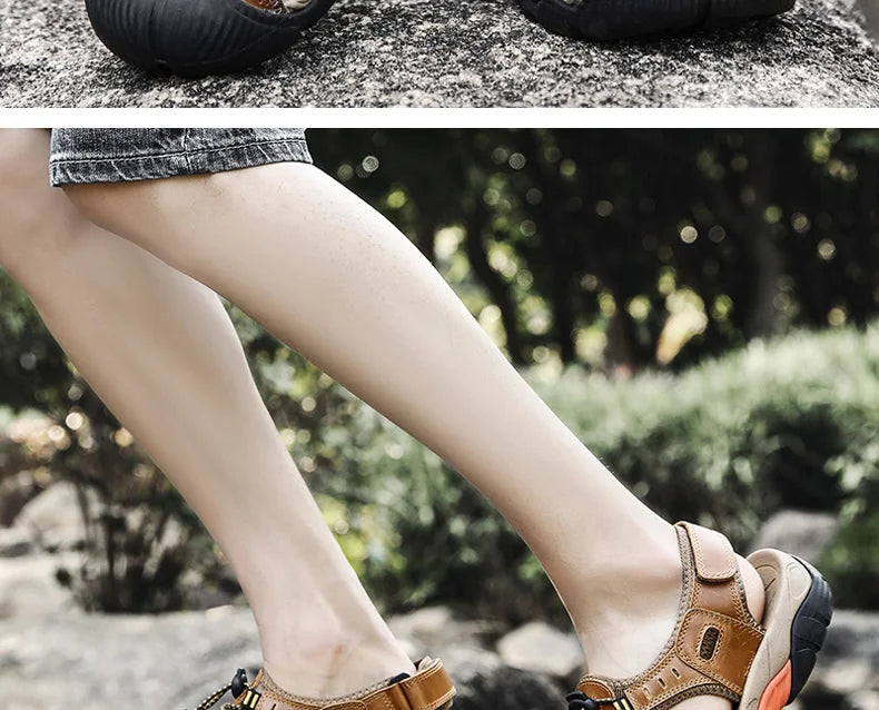 "Herren Outdoor Ledersandalen aus robustem Rindsleder, braun, mit elastischem Verschluss und rutschfester Gummisohle."