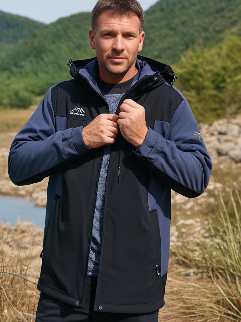 "Herren Outdoorjacke, wasserdicht, warm gefüttert, mit Kapuze, Color-Block-Design, ideal für Camping und Wandern"