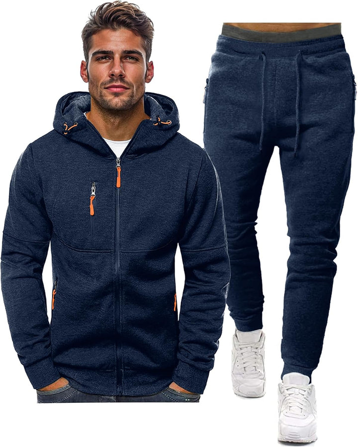"Herren Slim-Fit-Trainingsanzug atmungsaktiv, dunkelblau, Vorderansicht, stilvoller Look, leichtes Material für Sport & Freiz